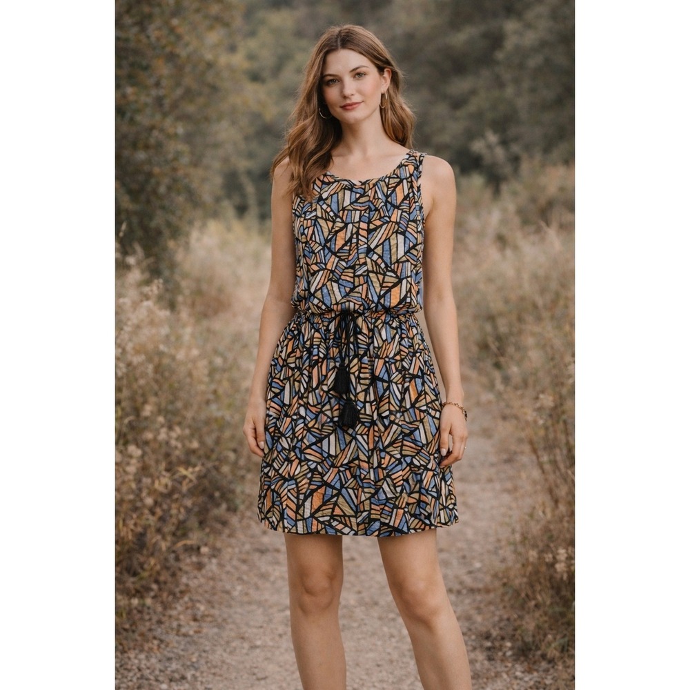 R2 Lucky Brand Women's Small Boho Sleeveless Dress Geometric Print Casual Summer